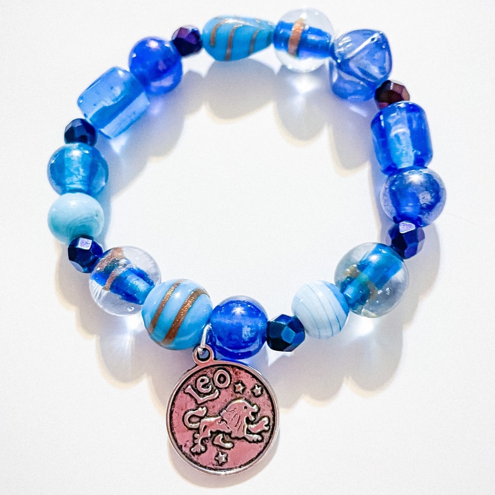 Blue Glass Bead Leo Zodiac Charm Bracelet